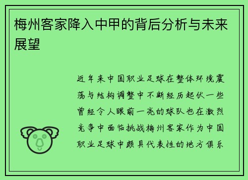 梅州客家降入中甲的背后分析与未来展望 梅州客家降入中甲的背后分析与未来展望