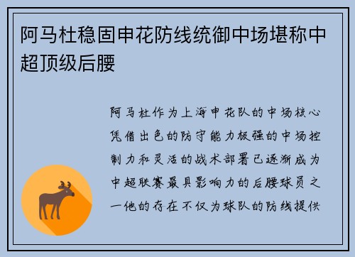 阿马杜稳固申花防线统御中场堪称中超顶级后腰